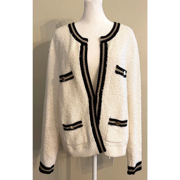 Lilly Pulitzer Nalayna Cardigan Boucle Open Knit Gold Detailing Pockets Size XL - Picture 2 of 8